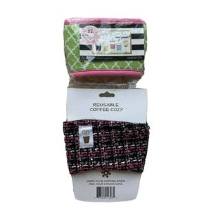 2 Coffee Drink Sleeves Reusable Joe’s Jacket/Coffee Cozy Pink Plaid Green Wine